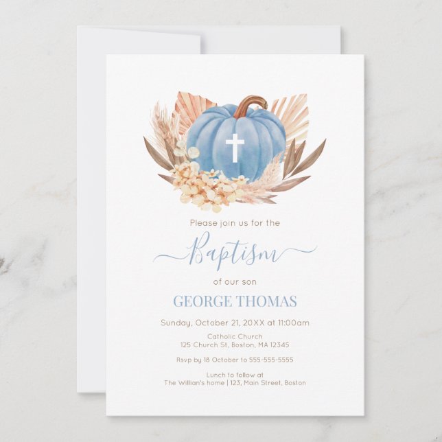 Baptism Boho Pampas Pumpkin blue Invitation (Front)