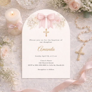 Baptism Bow Blush Pink Ivory Florals Cross Arch Invitation