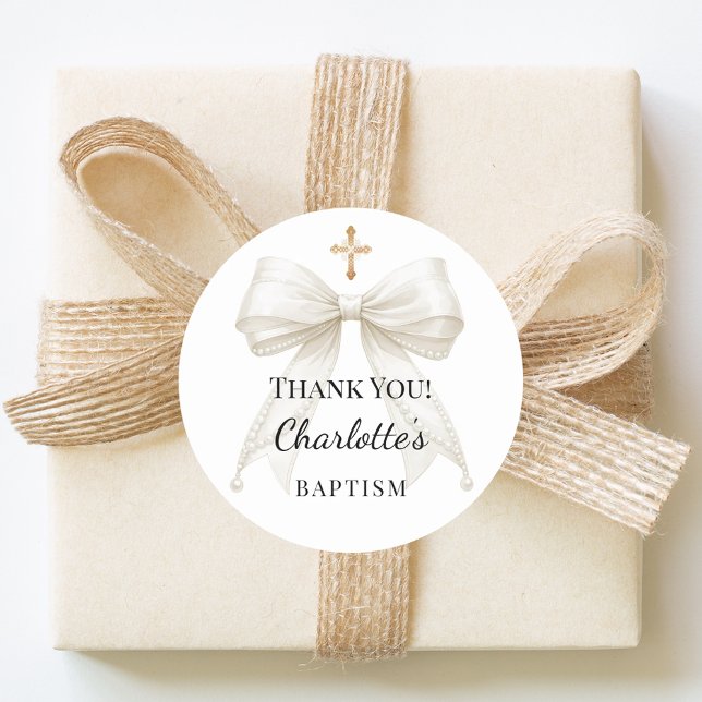 Baptism bow ivory pearls cross thank you classic round sticker (Creator Uploaded)