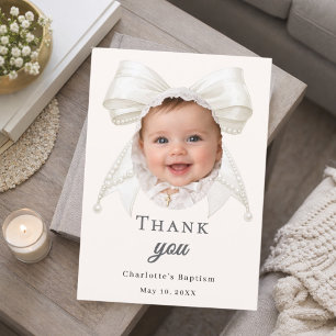 Baptism bow ivory pearls white photo girl thank you card