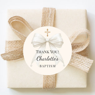 Baptism bow ivory white pearls cross thank you classic round sticker