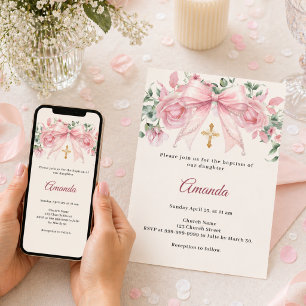 Baptism Bow Pink Cream Florals Girl Cross Invitation