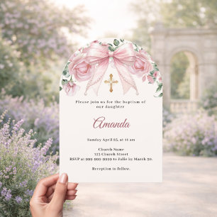 Baptism Bow Pink Ivory Florals Girl Cross Arch Invitation