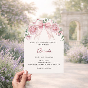 Baptism Bow Pink Ivory Florals Girl Elegant arch Invitation