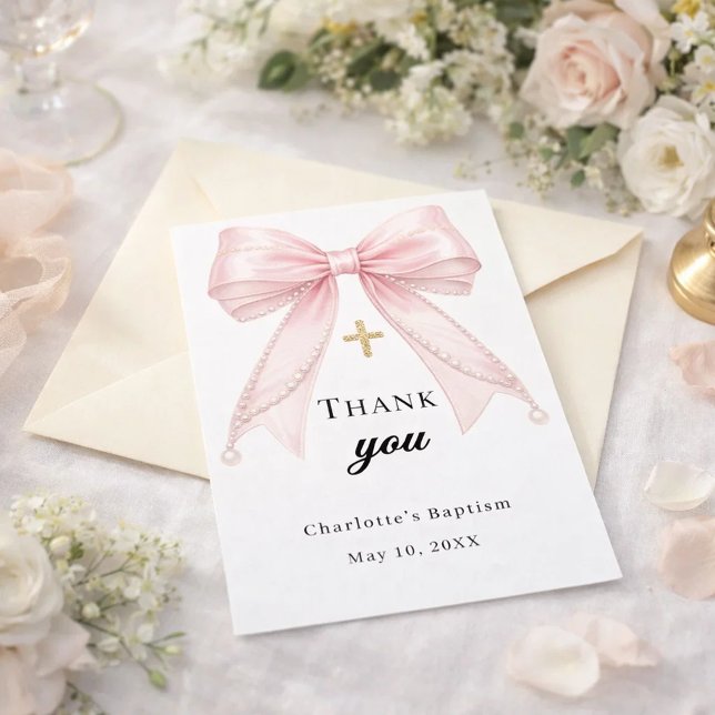 Baptism bow pink pearls gold cross thank you card (Creator Uploaded)