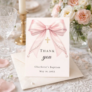 Baptism bow pink pearls ivory cross thank you card