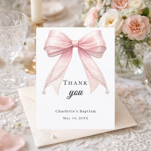 Baptism bow pink pearls thank you card