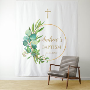 Baptism Boy Backdrop - Eucalyptus Greenery Tapestry