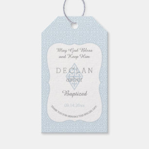 Baptism   Boy Blue Fleur de Lis Vintage Cross Gift Tags