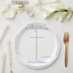 Baptism Boy Blue Name Silver Cross Paper Plate
