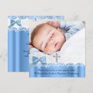 Baptism Boy Blue White Lace Photo Jewel Cross Bow Invitation