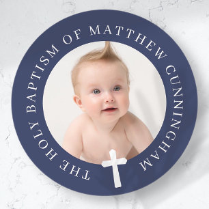 Baptism Boy Custom Photo and Simple Cross Classic Round Sticker