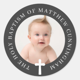 Baptism Boy   Custom Photo and Simple Cross Classic Round Sticker