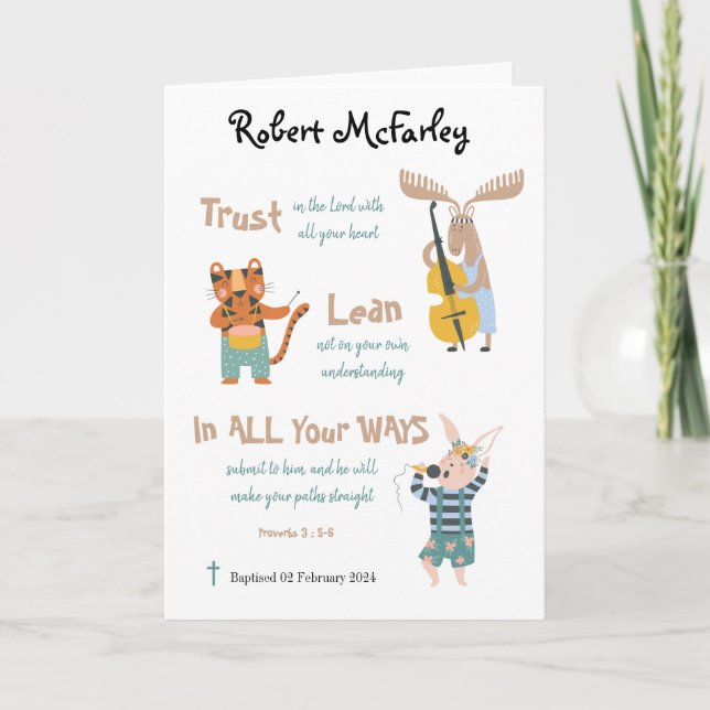 Baptism Boy Cute Musical Animals With Bible Verse Card (Front)