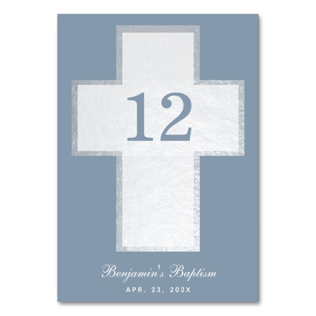 Baptism Boy Dusty Blue White Cross Faux Silver Table Number (Front)