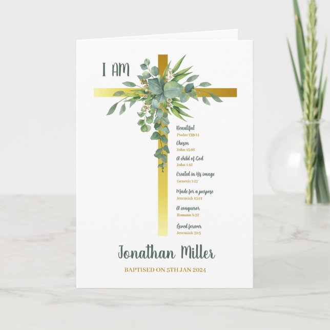 Baptism Boy Eucalyptus Leaves On Crucifix  Card (Front)