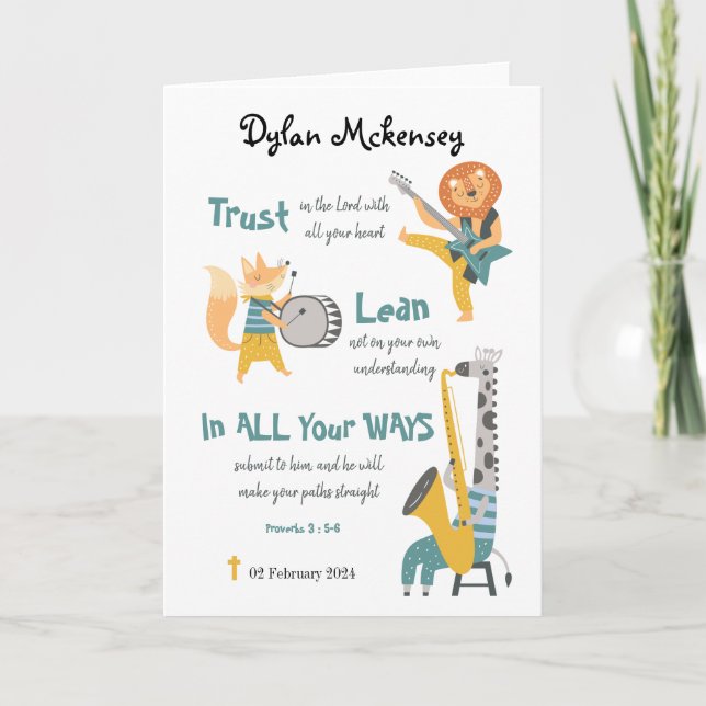 Baptism Boy Funny Musical Animals And Bible Verse  Card (Front)