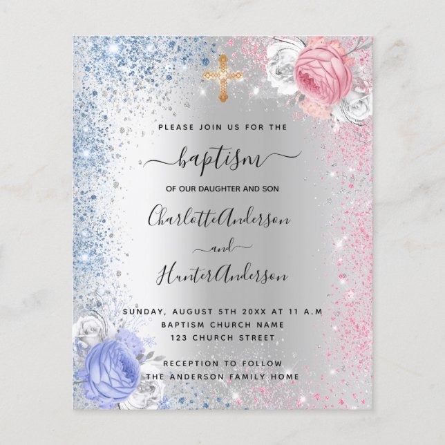 Baptism boy girl blue pink silver invitation (Front)
