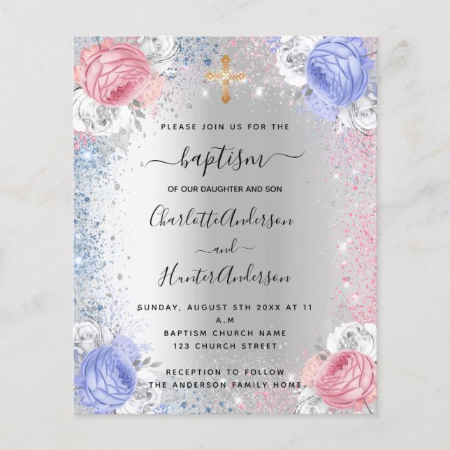 Baptism boy girl blue pink silver invitation flyer (Front)
