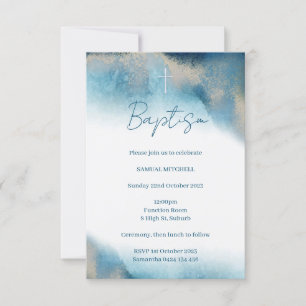 Baptism Boy Invitation. Blue and Gold Watercolour Invitation