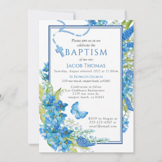 Baptism Boy Invitation Blue flower