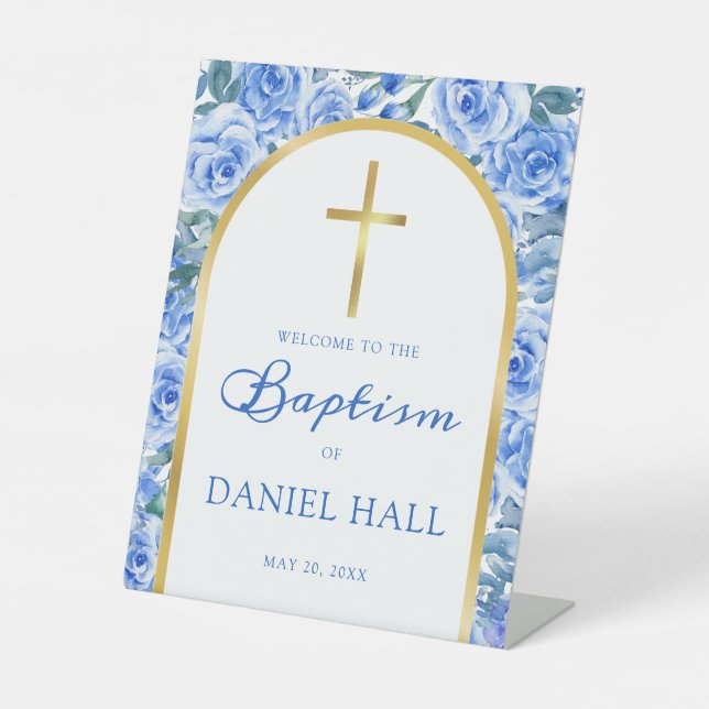 Baptism Boy Modern Rose Dusty Blue Welcome Sign (Front)