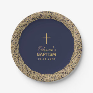 Baptism Boy Navy Blue Gold Roses Script Vintage Paper Plate