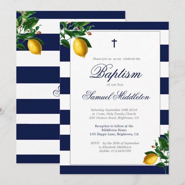 Baptism Boy Navy Stripes Lemons Silver Religious Invitation (Front/Back)