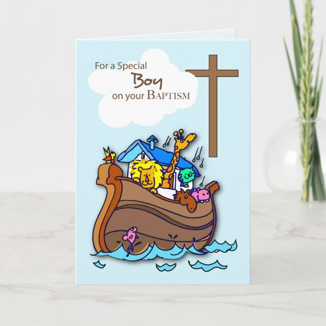 Baptism Boy Noah's Ark, Cute Animals Card (Front)