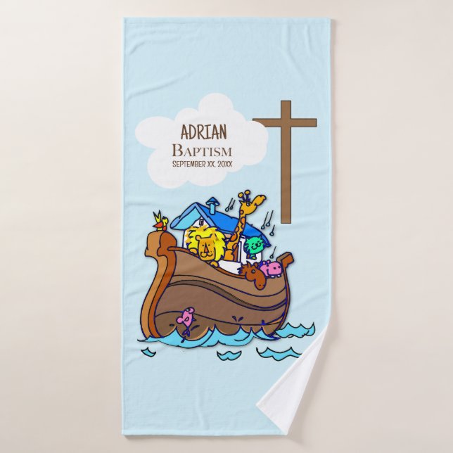 Baptism Boy Noah's Ark, Cute Animals Personalised Bath Towel (Bath Towel)