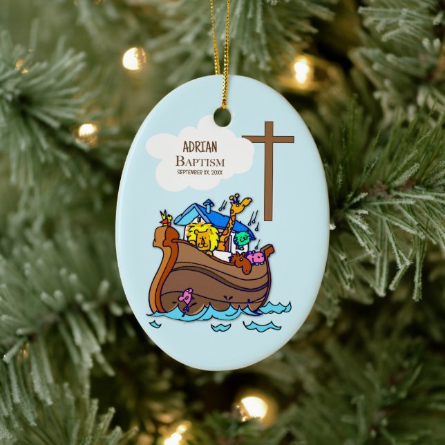 Baptism Boy Noah's Ark, Cute Animals Personalised Ceramic Tree Decoration (Tree)