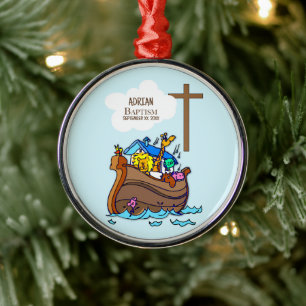 Baptism Boy Noah's Ark, Cute Animals Personalised Metal Tree Decoration