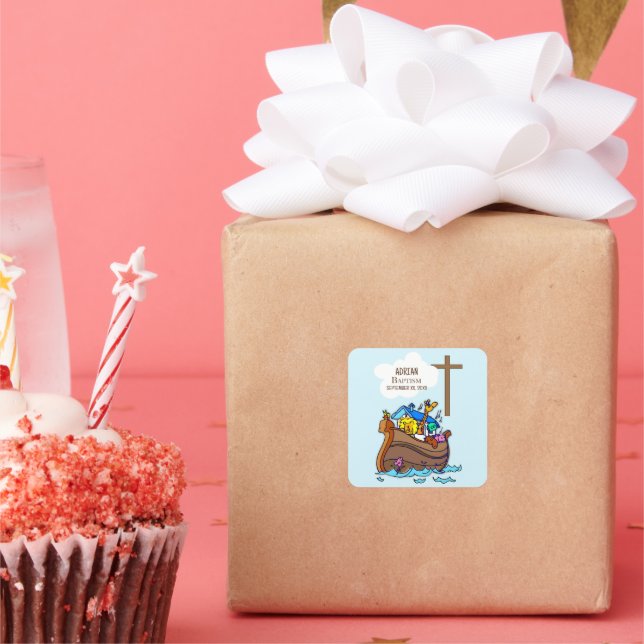 Baptism Boy Noah's Ark, Cute Animals Personalised Square Sticker (Party)