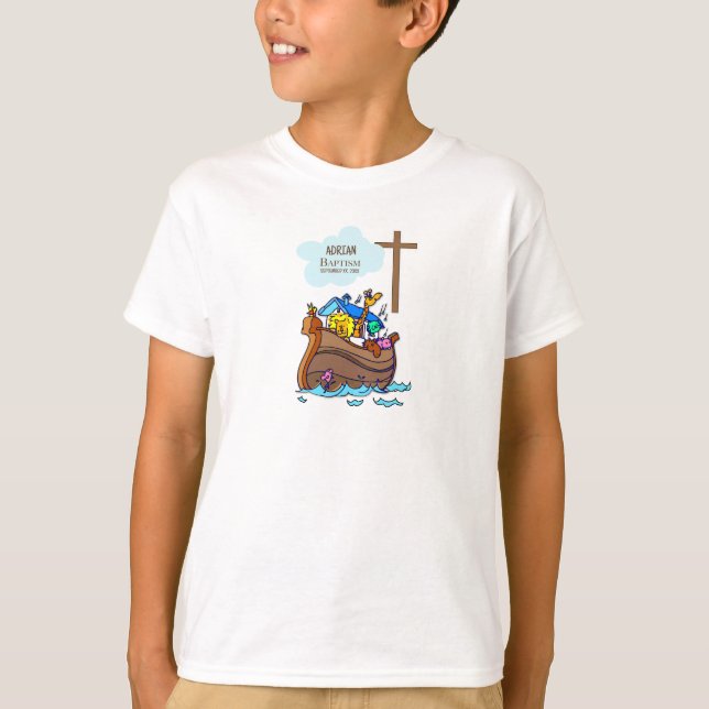 Baptism Boy Noah's Ark, Cute Animals Personalised T-Shirt (Front)