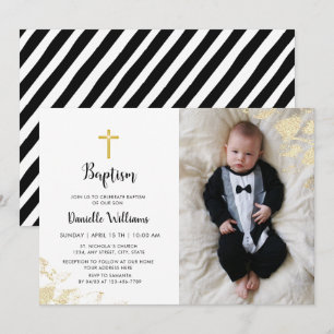 Baptism Boy   Photo Black Gold Strip Invitation