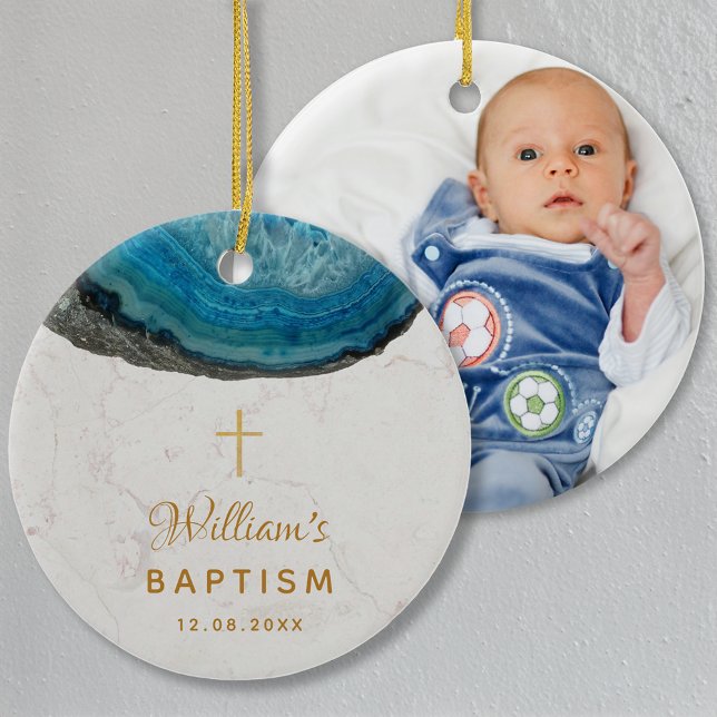 Baptism Boy Photo Blue Geode Marble Gold Cross Ceramic Tree Decoration (Creator Uploaded)