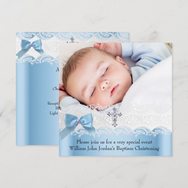 Baptism Boy Photo Blue White Lace Jewel Cross 2 Invitation (Front/Back)