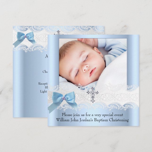 Baptism Boy Photo Blue White Lace Jewel Cross 3 Invitation (Front/Back)