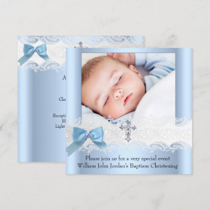 Baptism Boy Photo Blue White Lace Jewel Cross 3 Invitation
