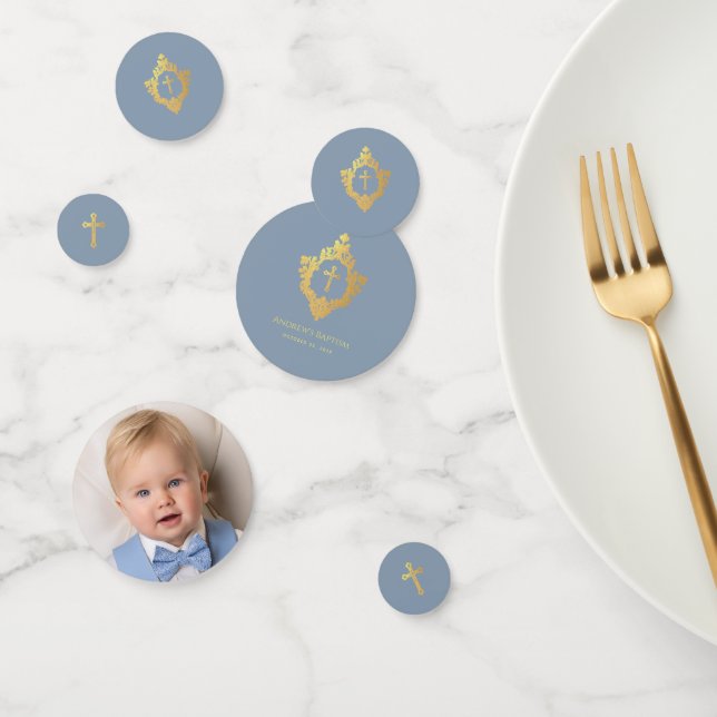Baptism Boy Photo Dusty Blue Faux Gold Cross Crest Confetti (Group)