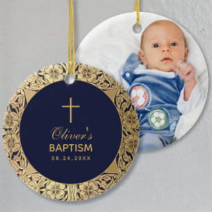 Baptism Boy Photo Vintage Gold Roses Navy Blue Ceramic Tree Decoration