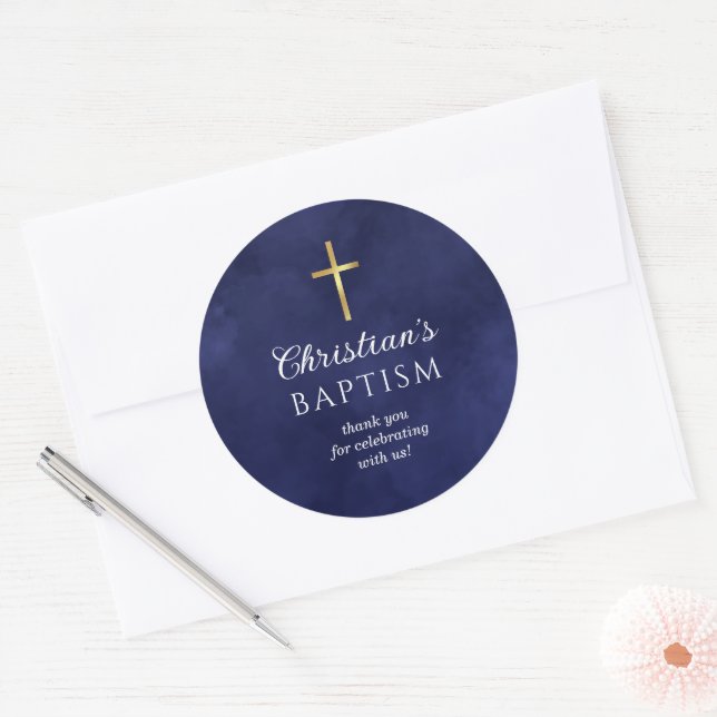 Baptism Boy Royal Blue Thank You Classic Round Sticker (Envelope)