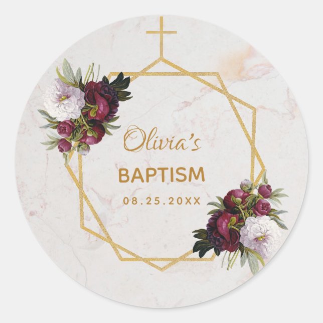 Baptism Burgundy Peonies Marble Gold Geometric Classic Round Sticker (Front)