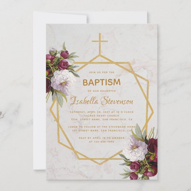 Baptism Burgundy Peonies Marble Gold Geometric Invitation (Front)
