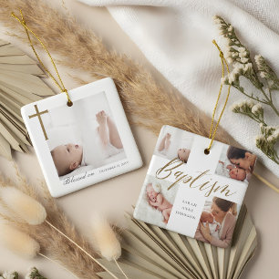 Baptism Calligraphy Photo Collage Baby Keepsake Ceramic Ornament