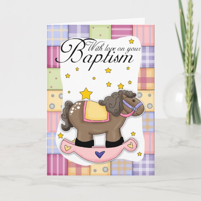 Baptism Card With Rocking Horse Pink (Front)