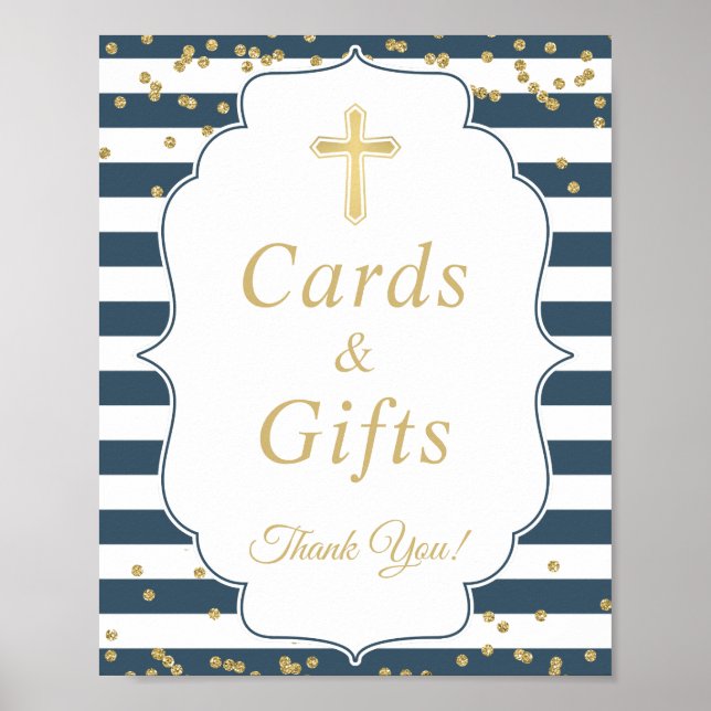 Baptism Cards & Gifts Navy Blue Gold Glitter Sign (Front)
