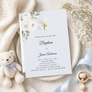 Baptism Celebration light blue white florals boy Invitation