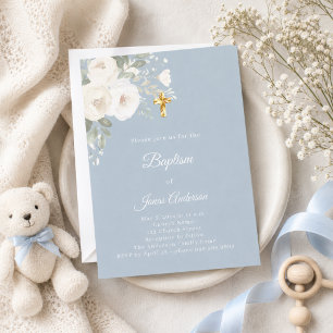 Baptism Celebration white florals dusty blue Invitation