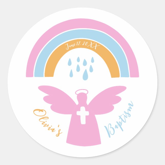 Baptism Christening angel and rainbow Classic Round Sticker (Front)